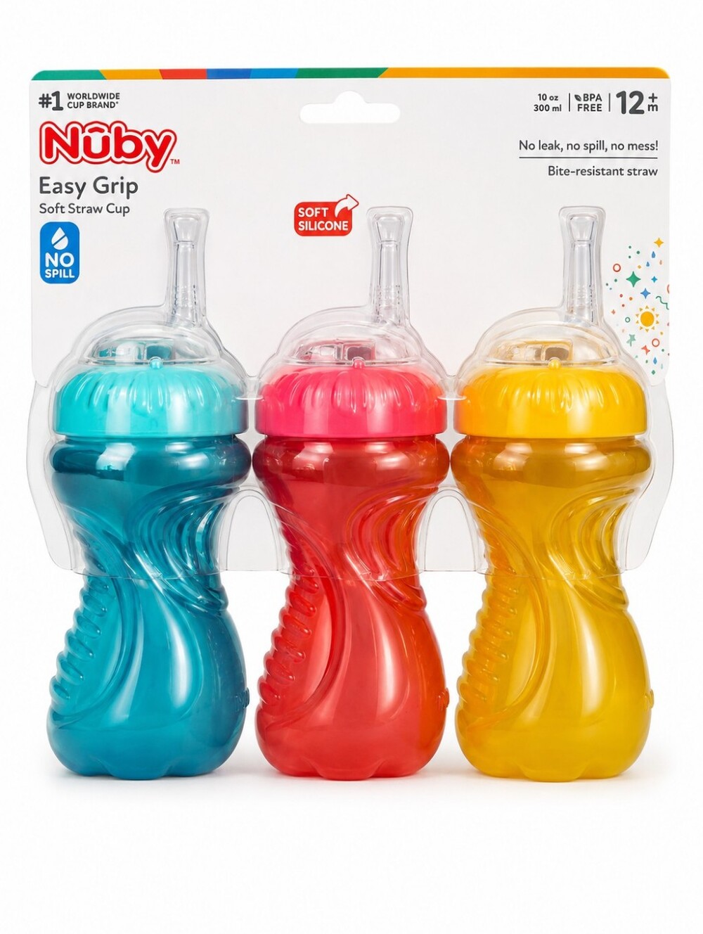 Nuby Easy Grip Soft Straw Cup 3-Pack Teal Red Yellow 12 + M - New With Tags